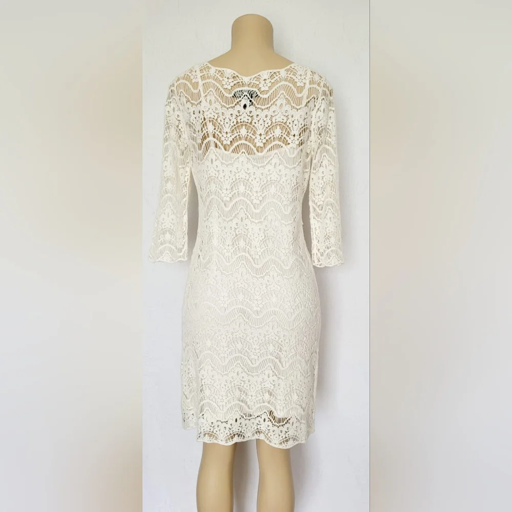 Ralph Lauren 100%Cotton White Crochet Sheath Dress 3/4 Sleeve Crew Neck Lined M - Picture 10 of 16